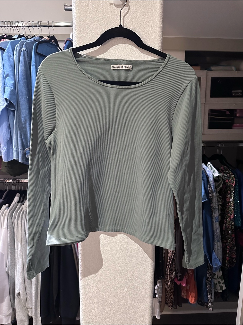 Abercrombie & Fitch Women's Light Sage Ribbed Long-Sleeve Top